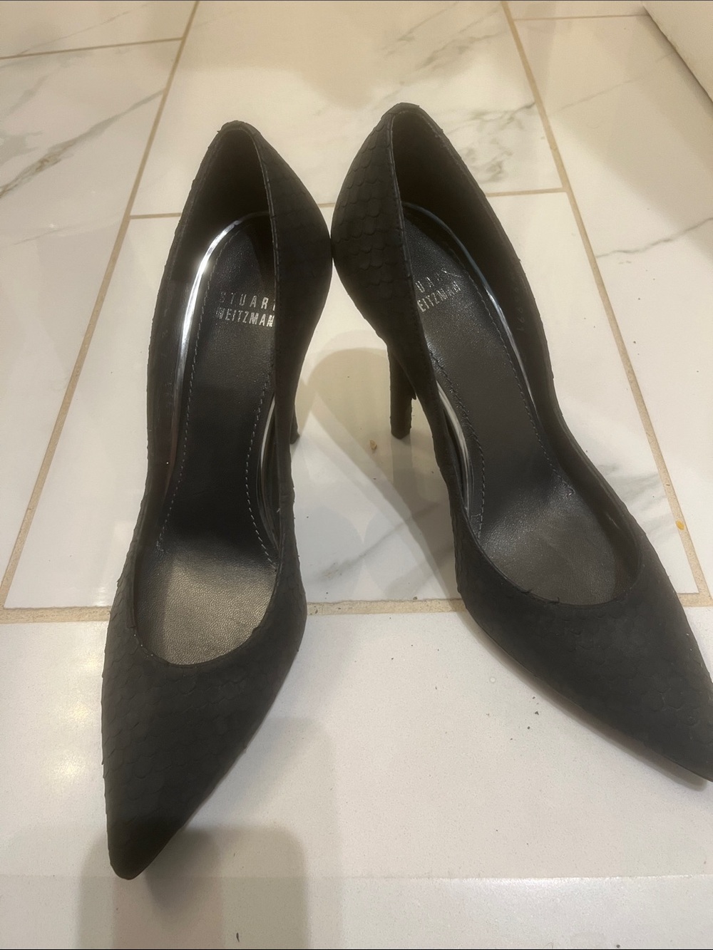 Stuart Weitzman Black Pointed Toe Snake-Embossed Stiletto Pumps